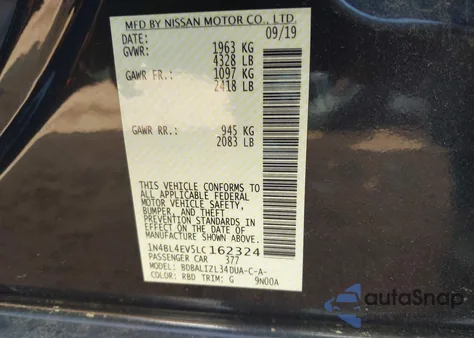 2020 Nissan Altima Sl Fwd from USA, damaged, VIN 1N4BL4EV5LC162324